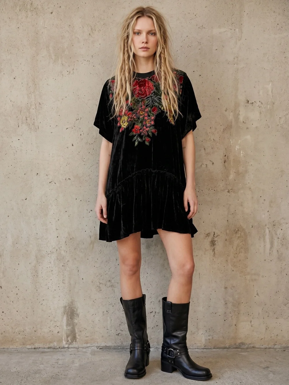 Free People Bohemian Sweet Echoes Black Floral Velvet Devore Tunic Dress Small